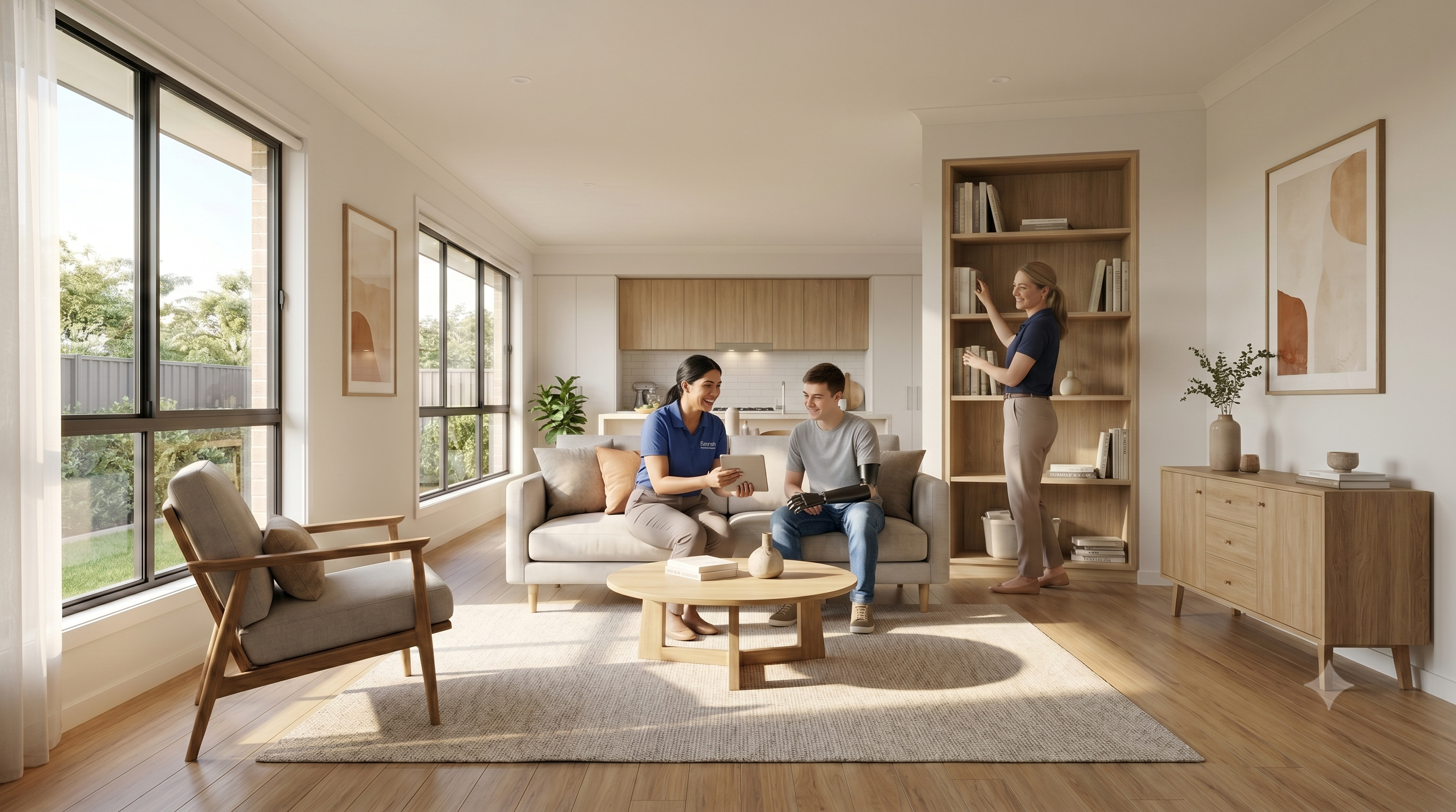 Farrah SIL support workers with a participant in a warm, modern Melbourne home